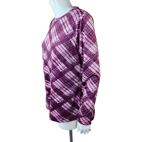 Denim & Co. Printed Velour Pullover Hi-Low Hem Deep Wine Plaid Petite Small NWOT - Picture 6 of 14